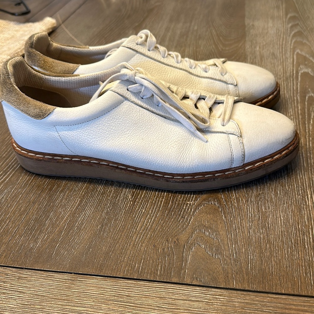 Leather white with tan sneakers.